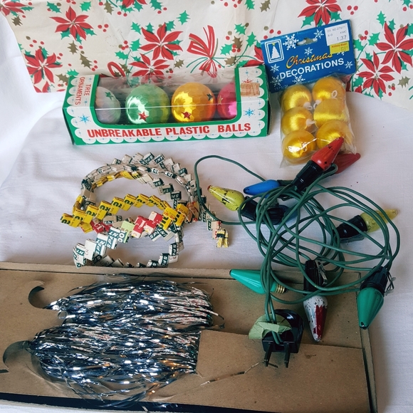 Vintage Christmas decorations. Satin balls.  Gum wrapper garland. - Picture 2 of 9